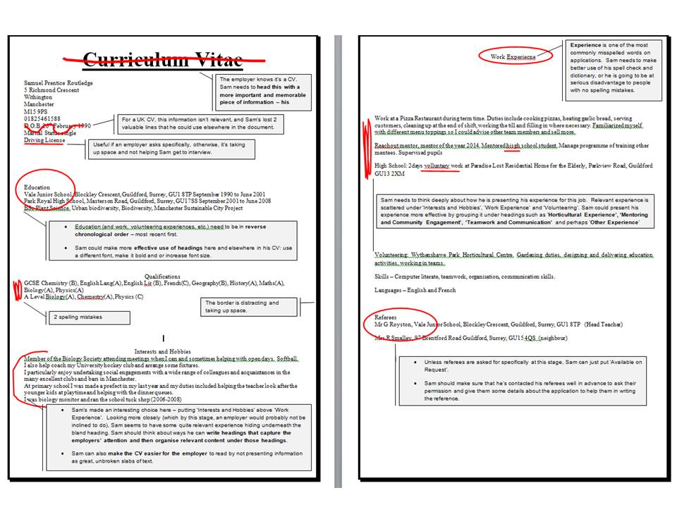 Helping Sam with his CV – layout and presentation.