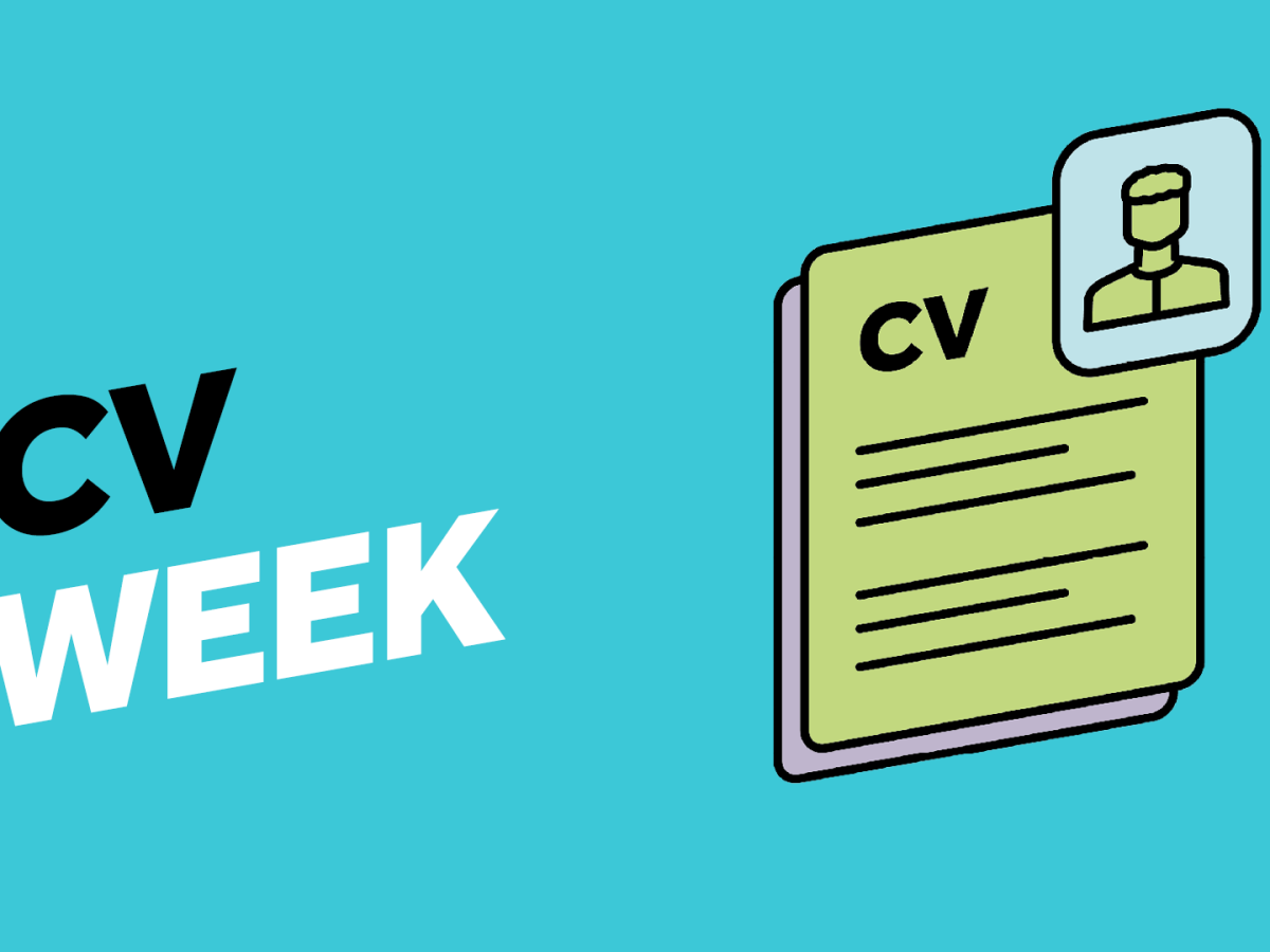Graphic representing a CV document. CV Week written in black and white text against a blue background.